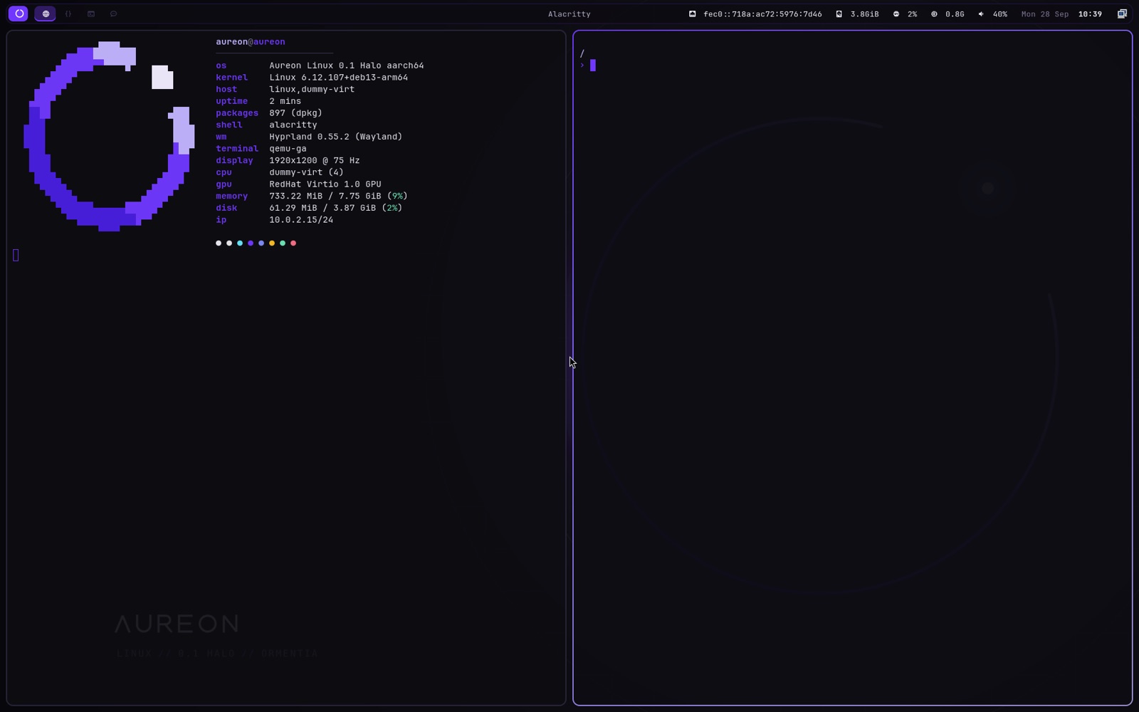 The Aureon desktop: the violet bar across the top, fastfetch showing the Aureon mark in one tiled terminal and an empty terminal beside it.